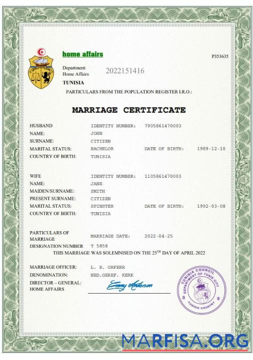 Downloadable Tunisia marriage certificate Word and PDF template